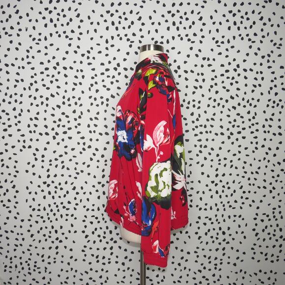 Susan Graver Red Floral Print Lightweight Zipper Front Bomber Jacket - Picture 5 of 10